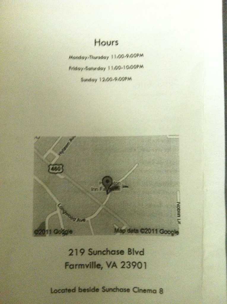 Menu at Musashi Asian Cuisine restaurant, Farmville