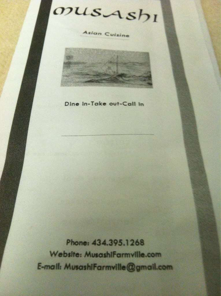 Menu at Musashi Asian Cuisine restaurant, Farmville