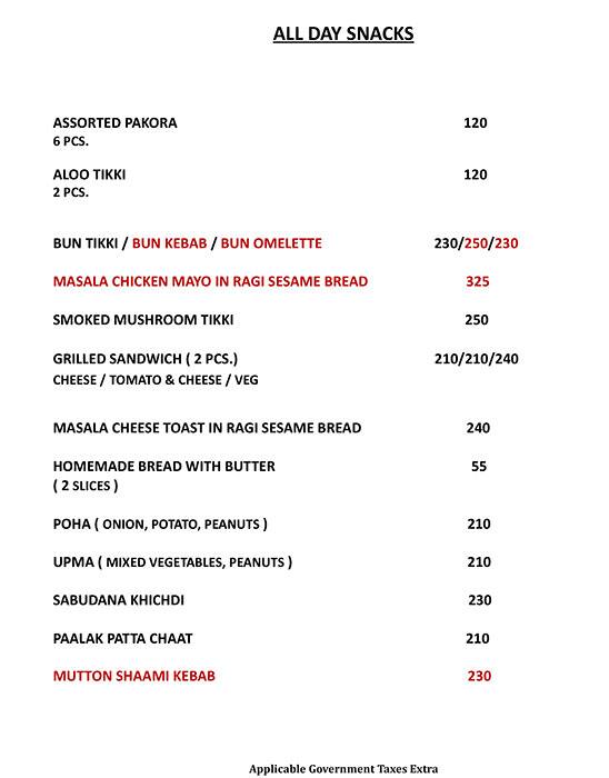 Menu of Triveni Terrace Cafe, Mandi House, New Delhi