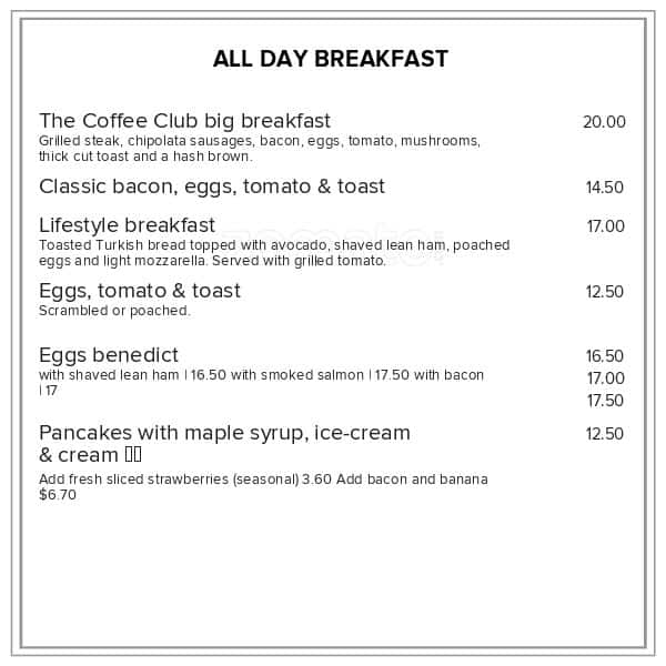 Menu At The Coffee Club, Tauranga, 10 Girven Road