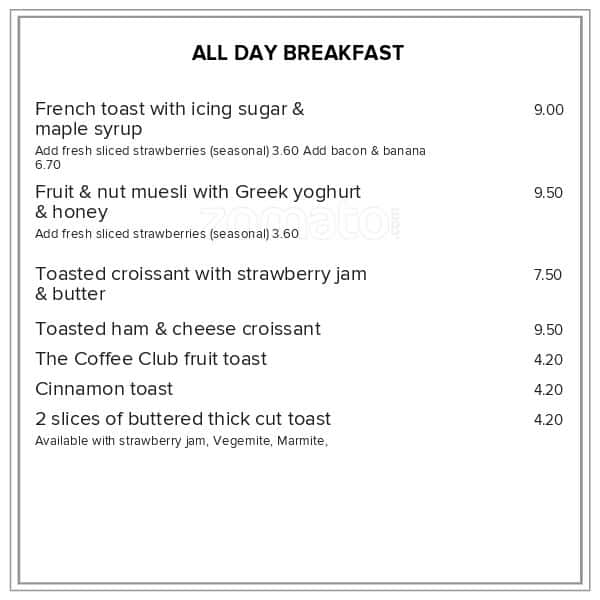 Menu at The Coffee Club, Tauranga, 10 Girven Road