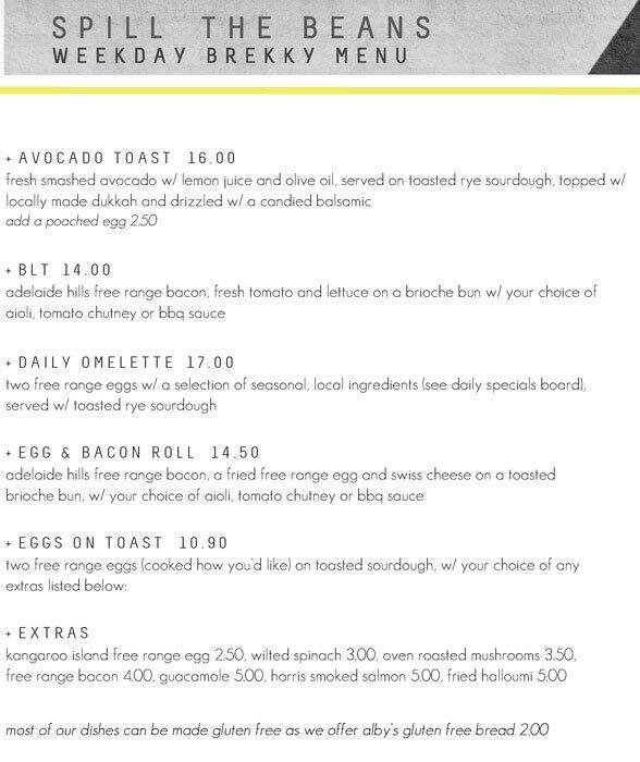 Menu at Spill the beans cafe, Adelaide, Linden Park