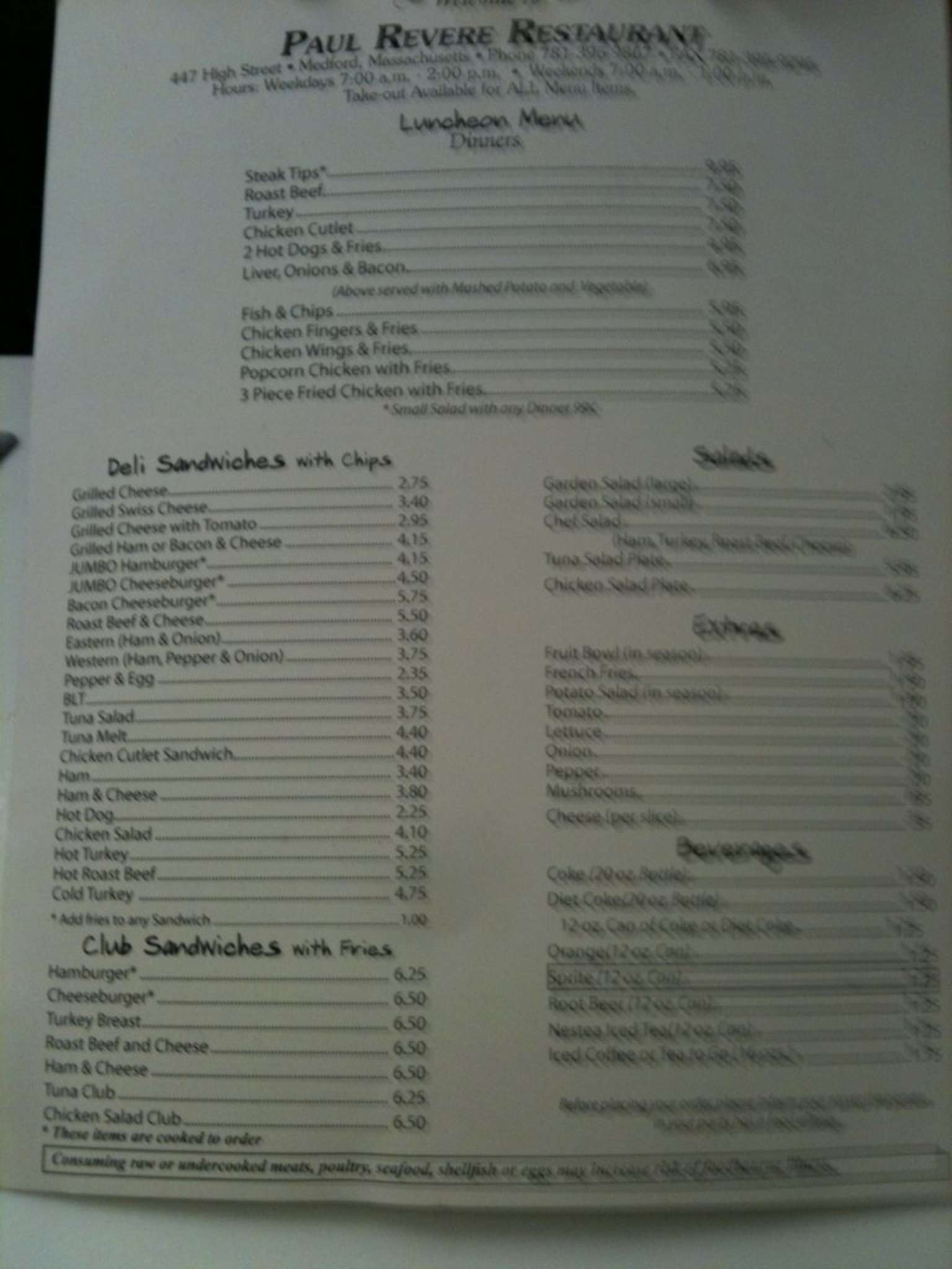 Menu at Paul Revere restaurant, Medford