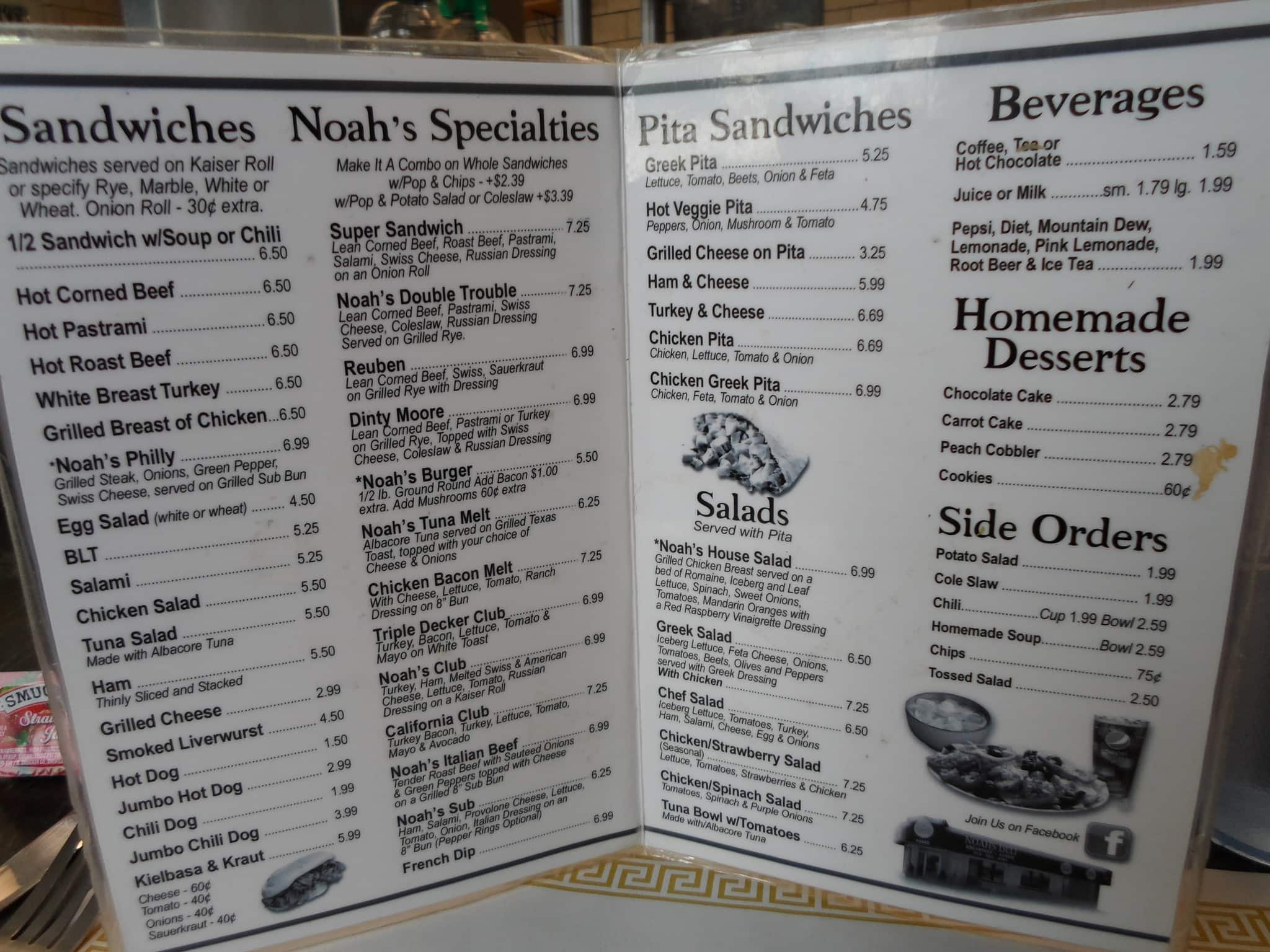 Menu at Noah's Deli restaurant, Dearborn