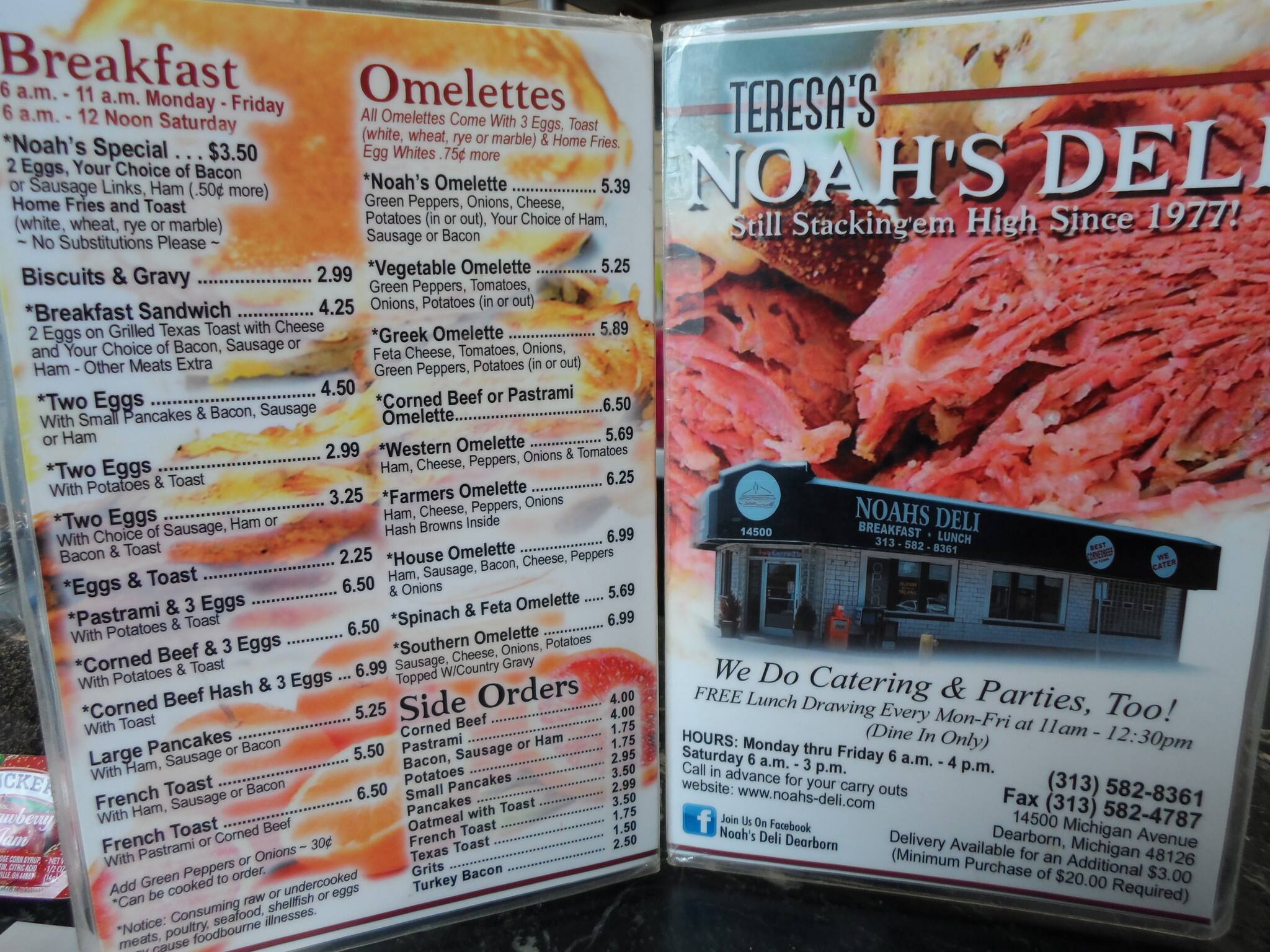 Menu at Noah's Deli restaurant, Dearborn