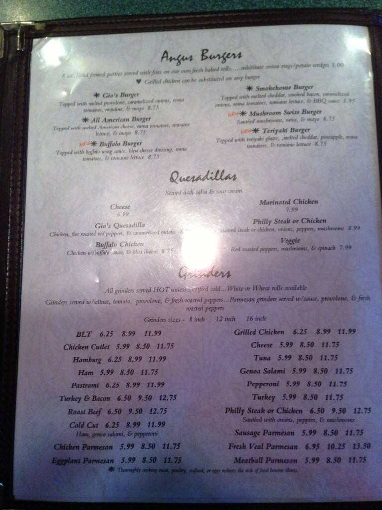 Menu at Gio's Brick Oven Pizzeria, East Granby