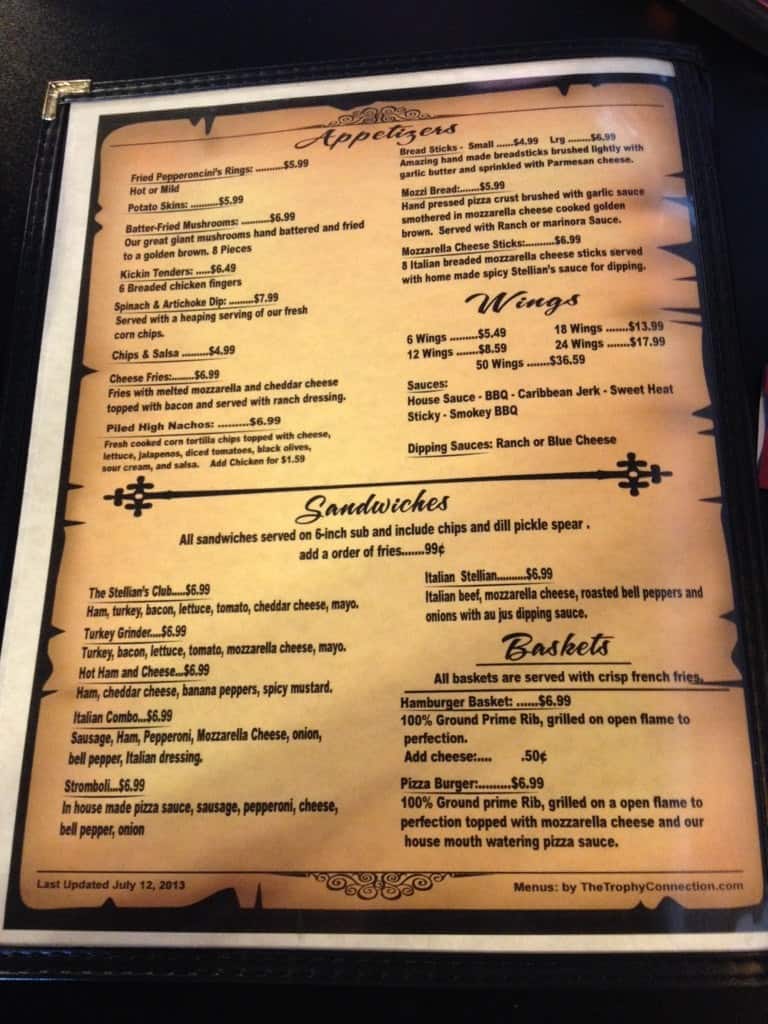Menu at Stellians restaurant, Central City