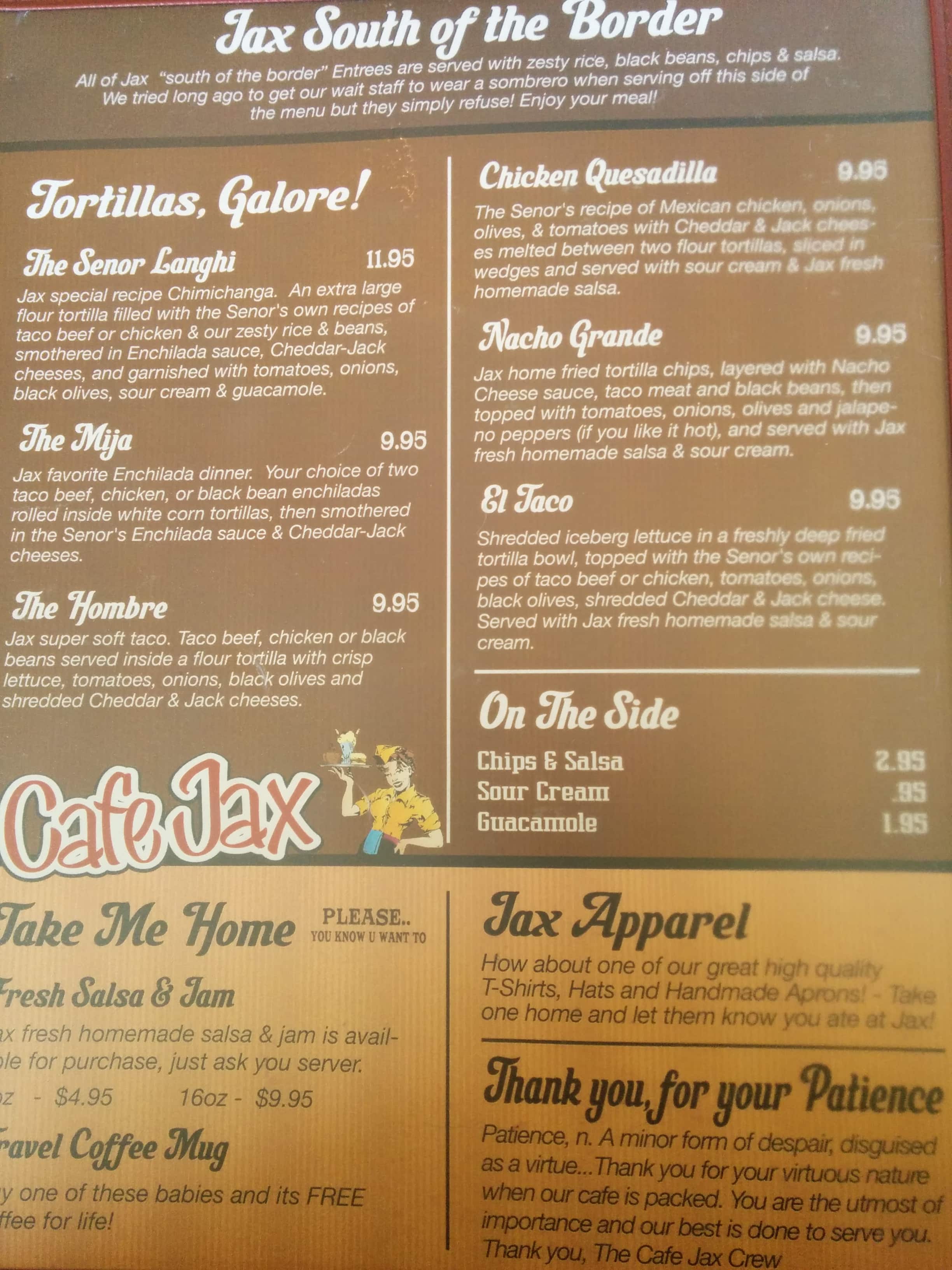 Menu at Cafe jax, Eureka, 207 Dewey Ave
