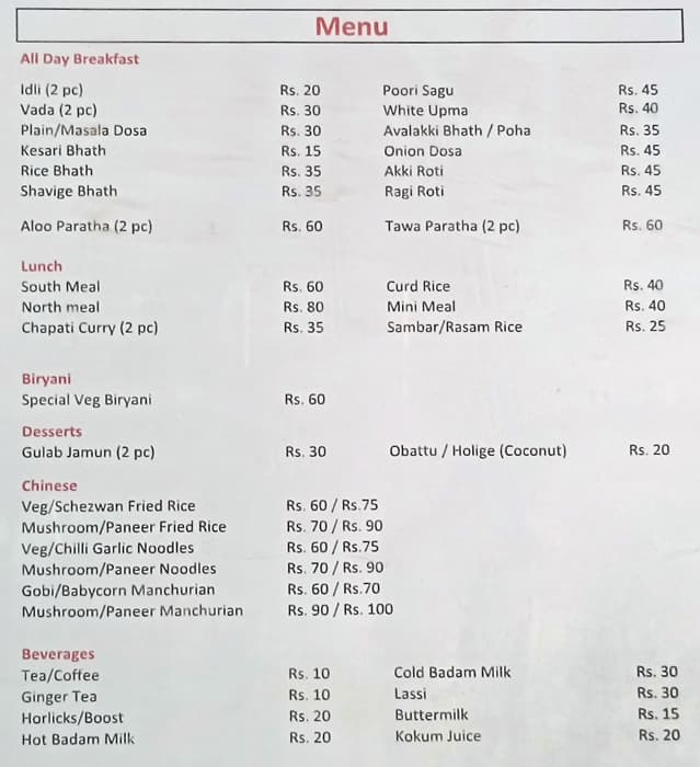 Menu of Namaste, HSR, Bangalore