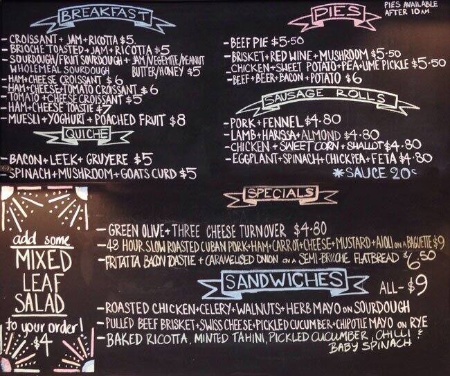 Bourke Street Bakery menu, Menu restauracji Bourke Street Bakery