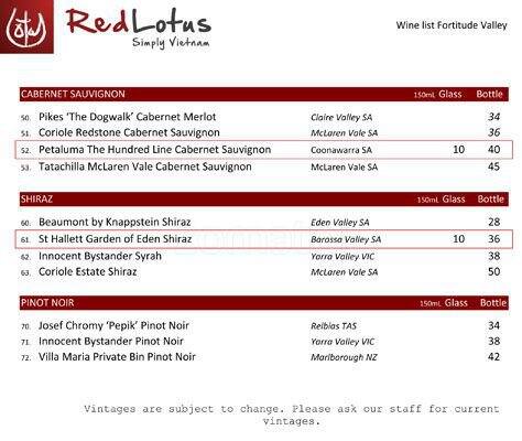 Menu at Red Lotus restaurant, Fortitude Valley, 11 Duncan St