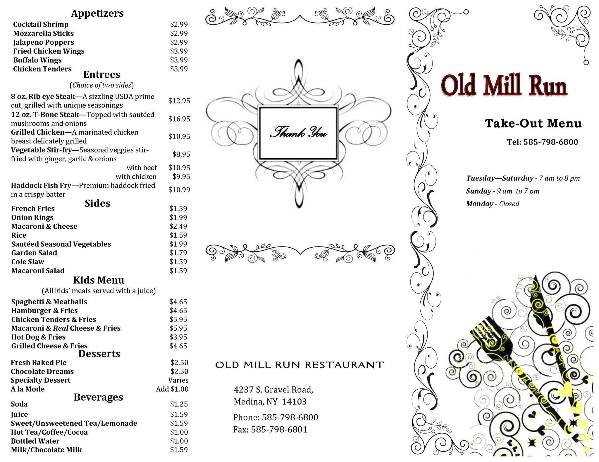 Old Mill Run Restaurant Menu, Menu for Old Mill Run Restaurant, Medina