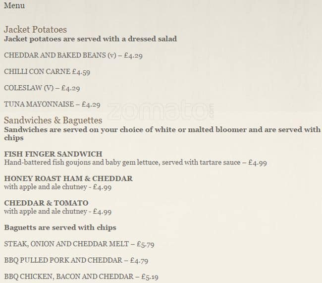 Fairfield Arms Menu, Menu for Fairfield Arms, Audenshaw, Manchester