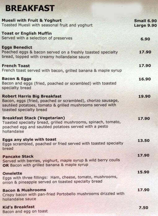 Robert Harris Menu, Menu de Robert Harris, Paraparaumu, Wellington