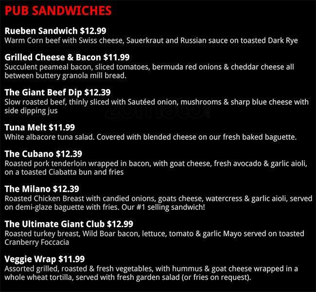 Menu at Jersey Giant pub & bar, Toronto