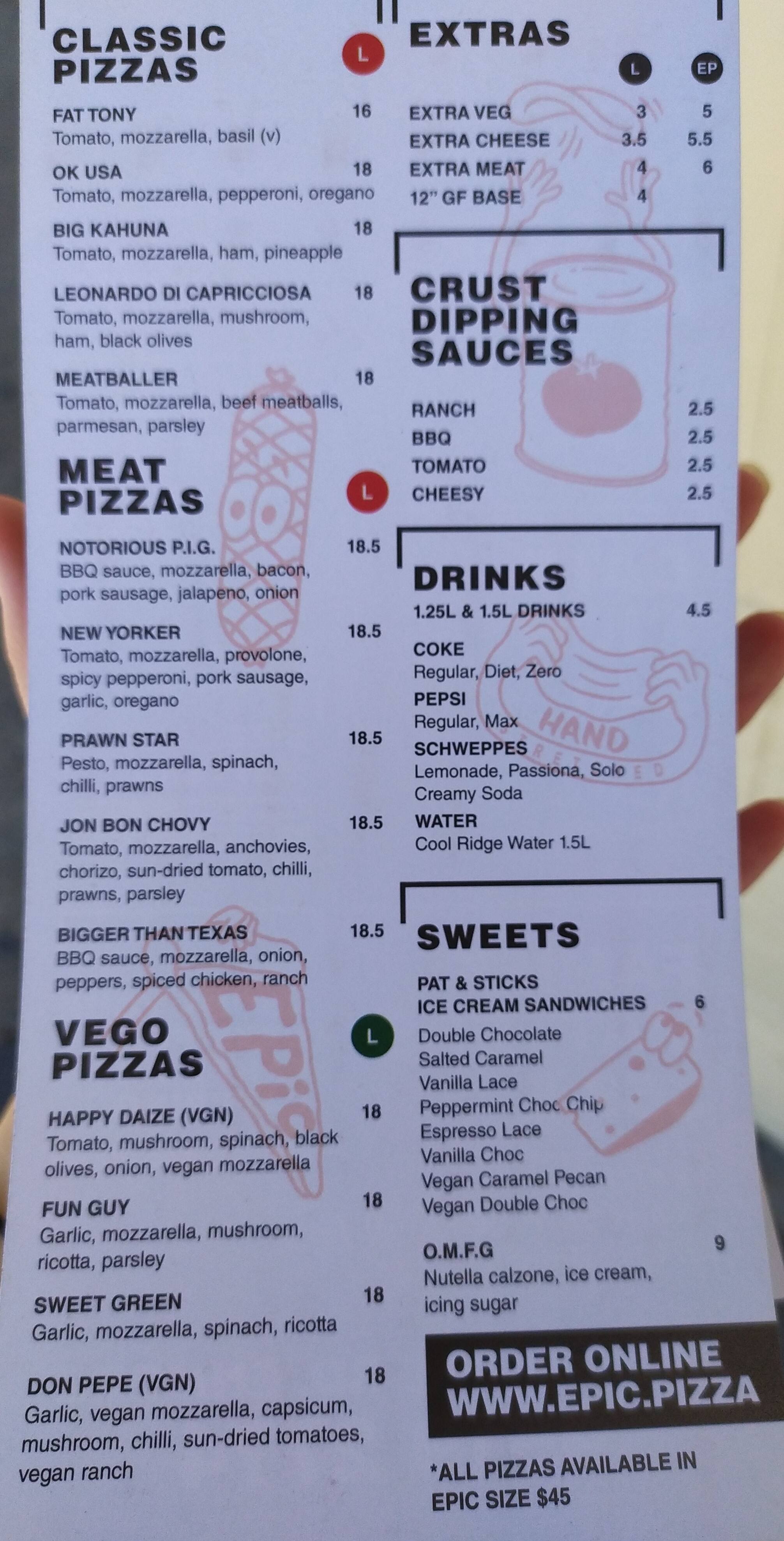 Epic Pizza menu