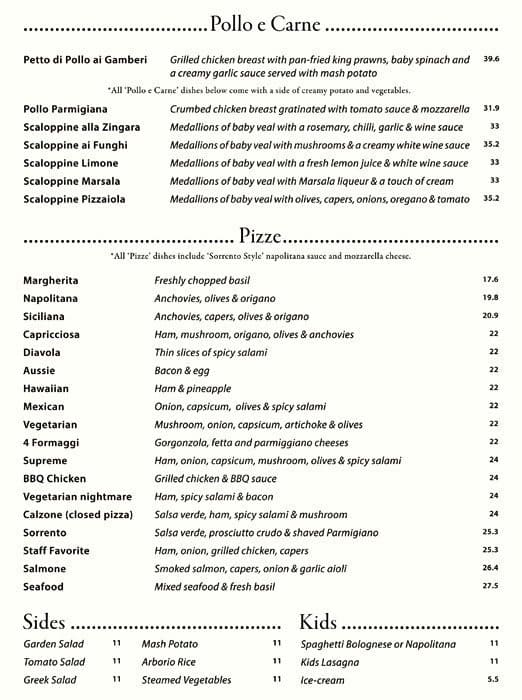 Menu at Sorrento Restaurant, Northbridge