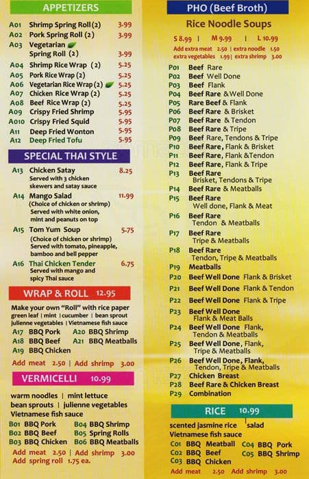 Viet-Thai menu, Menu restauracji Viet-Thai, Centretown, Ottawa