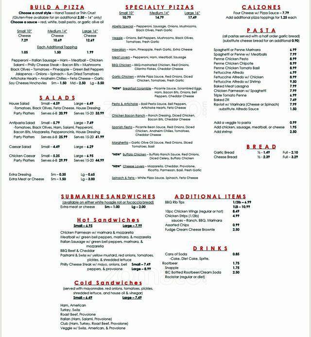 Abella Pizzeria Menü, Abella Pizzeria, için Menü