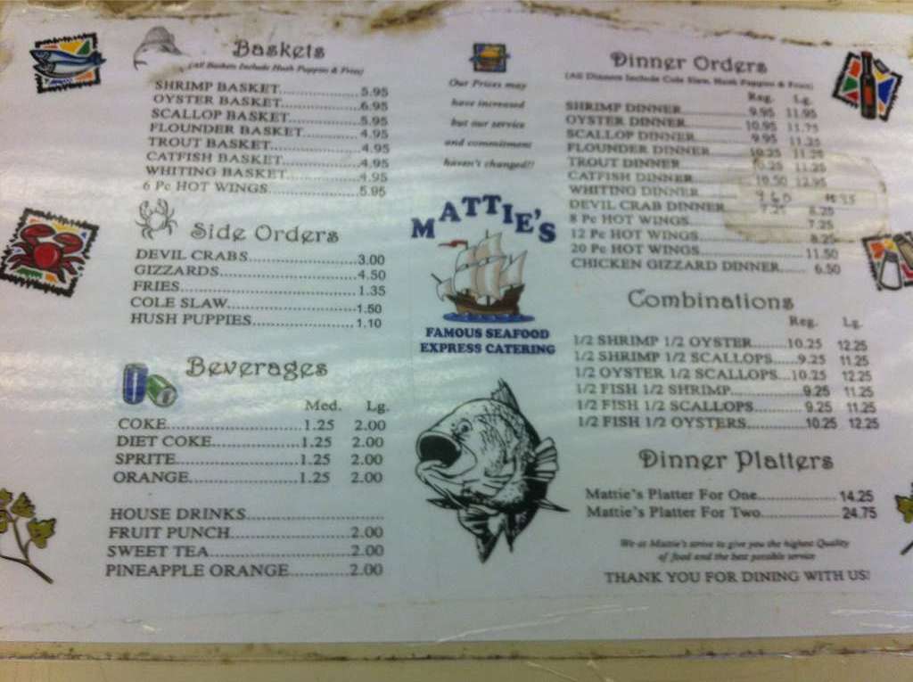 Menu at MATTIES SEAFOOD restaurant, Jacksonville