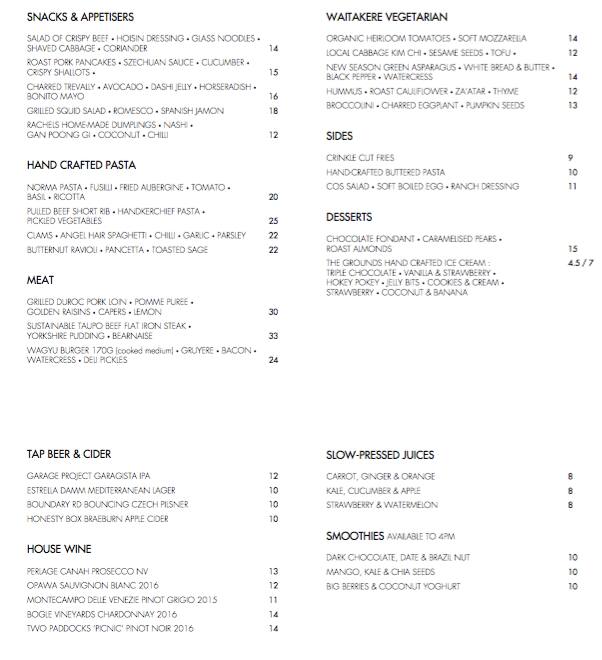 The Grounds Menu, Menu for The Grounds, Henderson, Auckland Menumania
