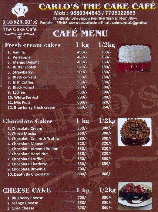 Carlos Cake Cafe Menu, Menu for Carlos Cake Cafe, Sarjapur Road