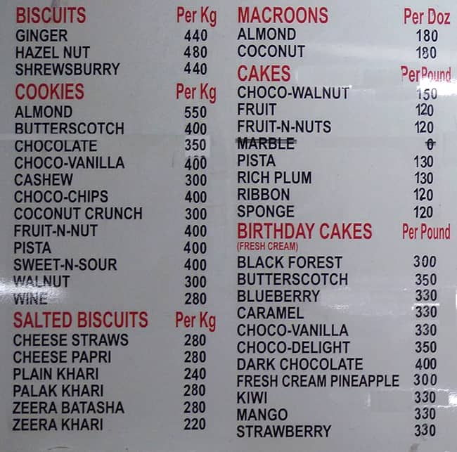 Pasteur Bakery menu