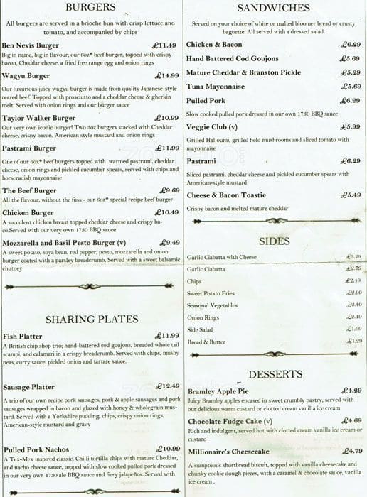 Menu at Malt Shovel pub & bar, Edinburgh
