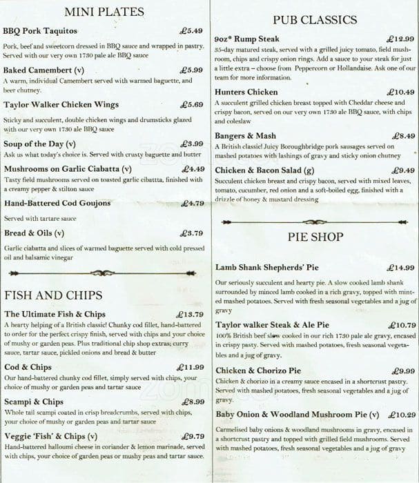 Menu at Malt Shovel pub & bar, Edinburgh