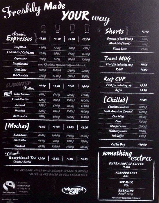 Menu at Wild Bean Cafe, Camperdown, Parramatta Rd.