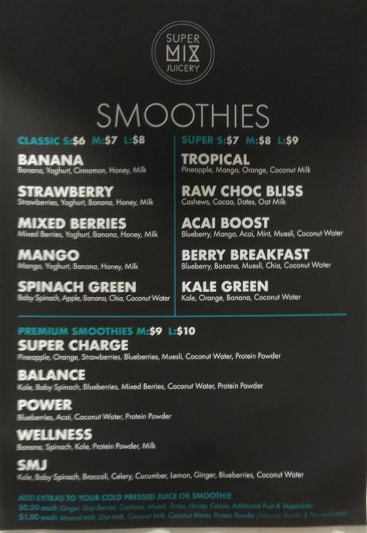 Menu at Super Mix Juicery pub & bar, Lane Cove