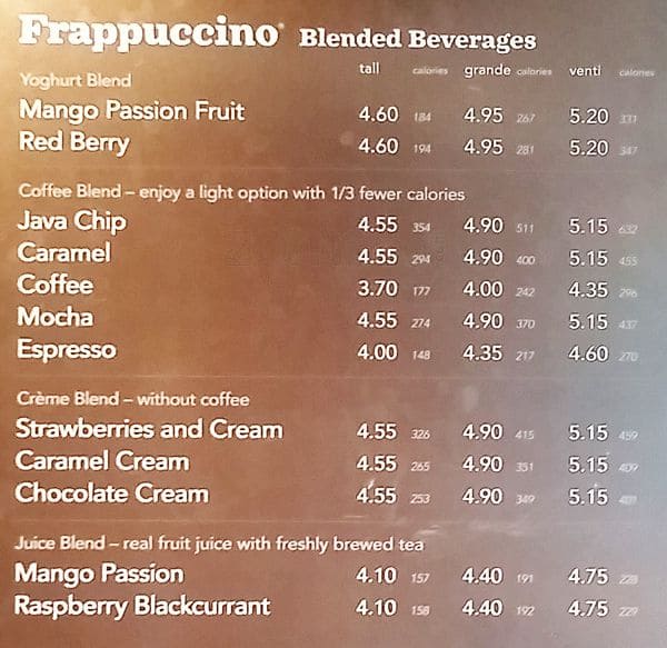 Menu at Starbucks cafe, Rathmines, 224 Rathmines Rd Lower