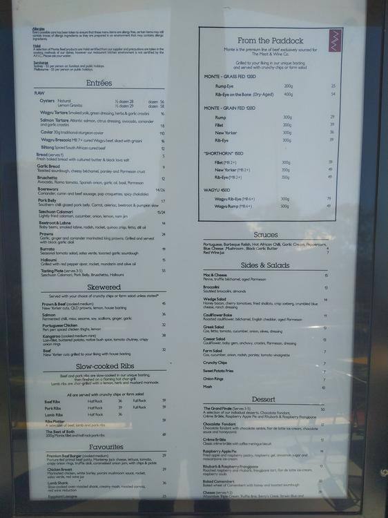 Menu at The Meat & Wine steakhouse, Barangaroo, International Tower One