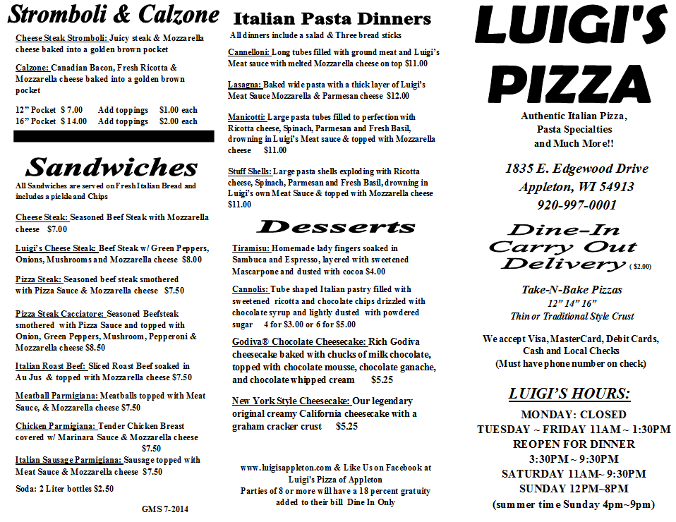 Luigi's Pizza menu, Menu restauracji Luigi's Pizza, Appleton, Green Bay