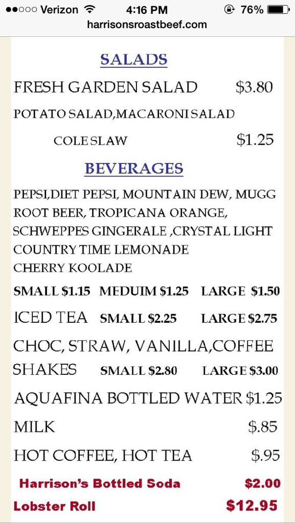 Menu at Harrison's Roast Beef fast food, North Andover