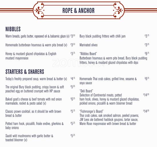 The Rope & Anchor Menu, Menu for The Rope & Anchor, Old Trafford