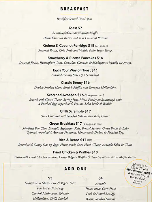 TAP831 Menu, Menu for TAP831, Docklands, Melbourne