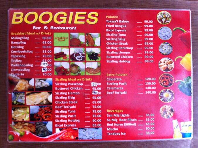 Menu at Boogies pub & bar, Mandaluyong, EDSA Shaw Blvd Flyover