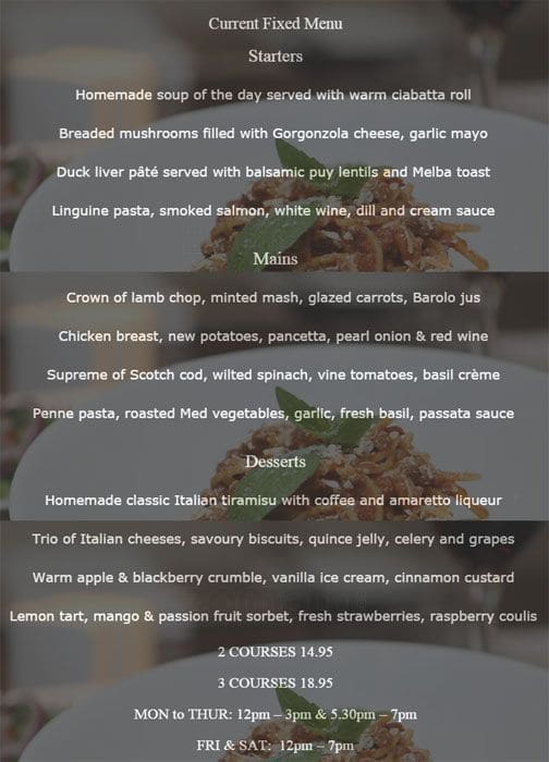 Menu at Cielo restaurant, Birmingham