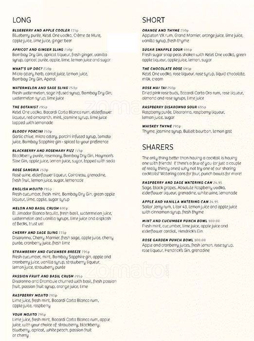 The Botanist Menu, Menu for The Botanist, City Centre, Birmingham