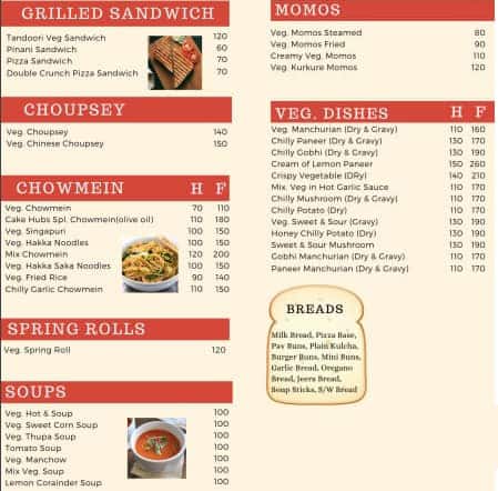 Cake Hubs menu