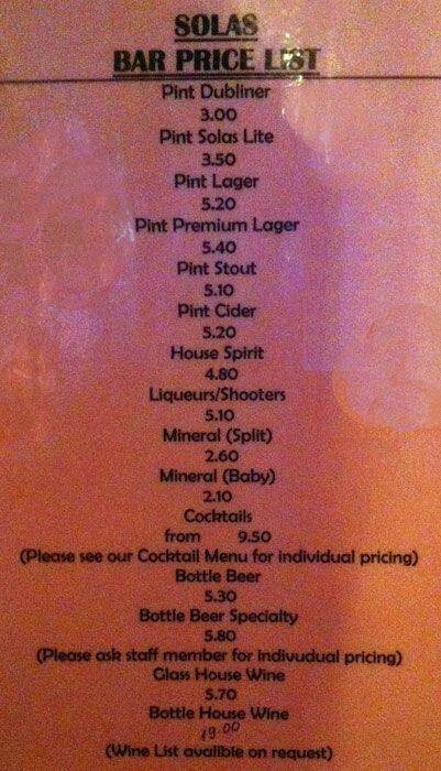 SOLAS Bar & Restaurant menu