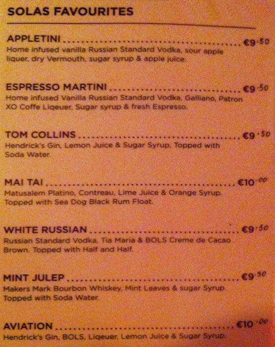 SOLAS Bar & Restaurant menu