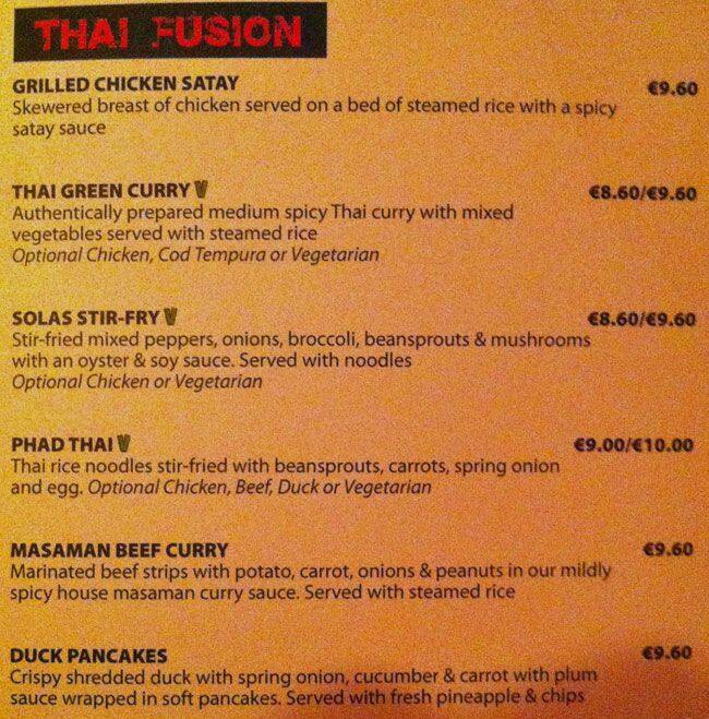 SOLAS Bar & Restaurant menu