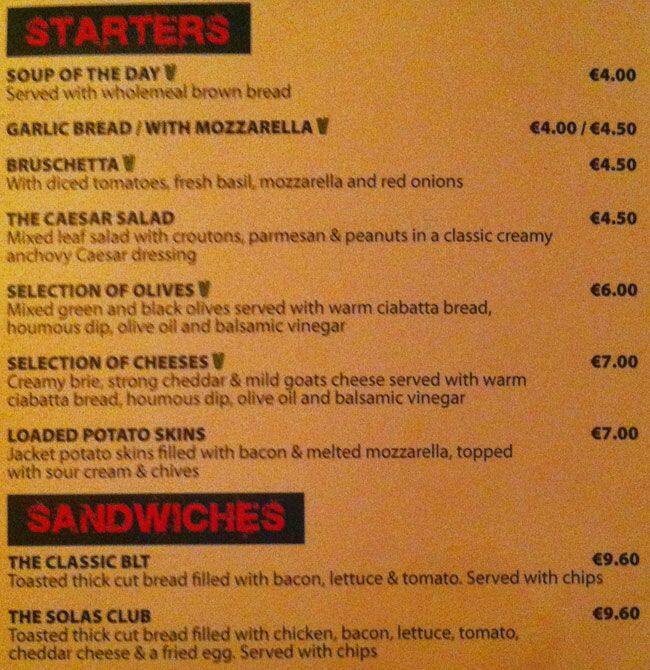 SOLAS Bar & Restaurant menu