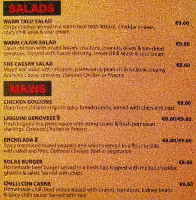 SOLAS Bar & Restaurant menu