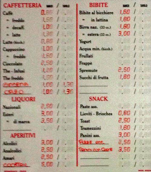 Bar Fratelli Capone Speisekarte