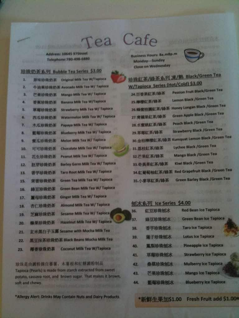 Bubble Tea Cafe a Edmonton Foto del Menu con Prezzi Urbanspoon/Zomato
