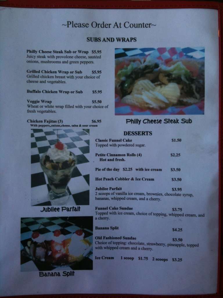 Menu at Jubilee Diner restaurant, Friendsville