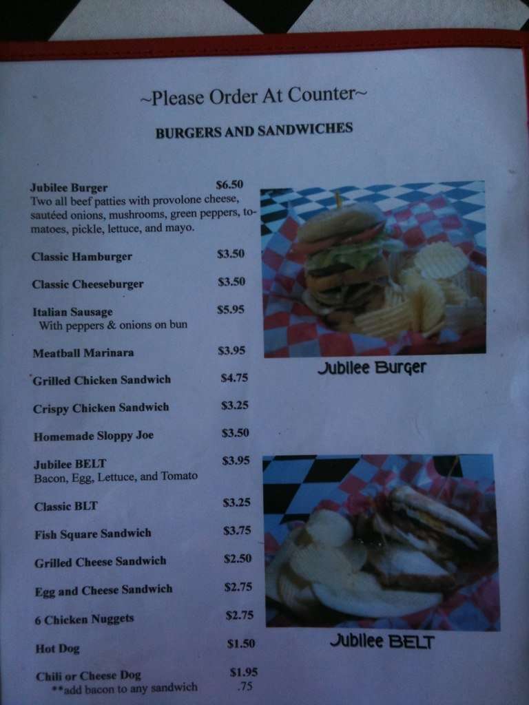 Menu at Jubilee Diner restaurant, Friendsville